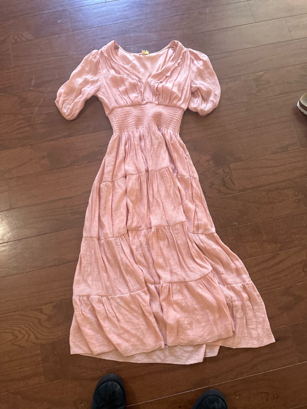 Smocked Waist Pink Maxi Dress with Puff Sleeves
